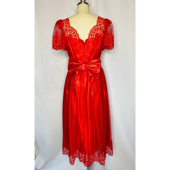 Vintage 60s 70s Holiday Red Cocktail Party Tea Dress Size Small Lace Formal VLV - Picture 4 of 8